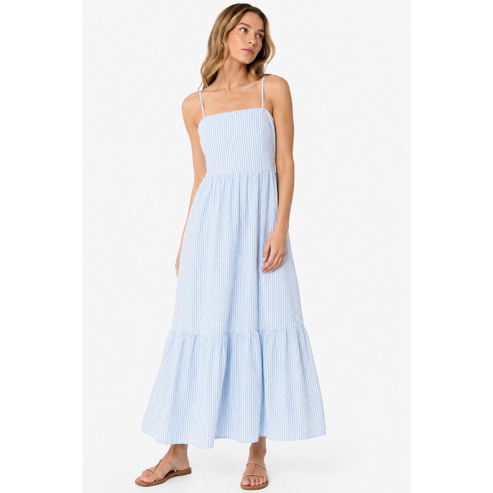 Dizzy Lizzy Blue White Seersucker Tiered Maxi Dress Cotton Smocked Back MP NWT